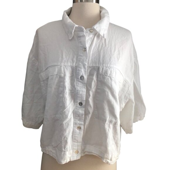 Marc New York Linen Blend Short Sleeve Button Up Cropped Shirt - Picture 1 of 8